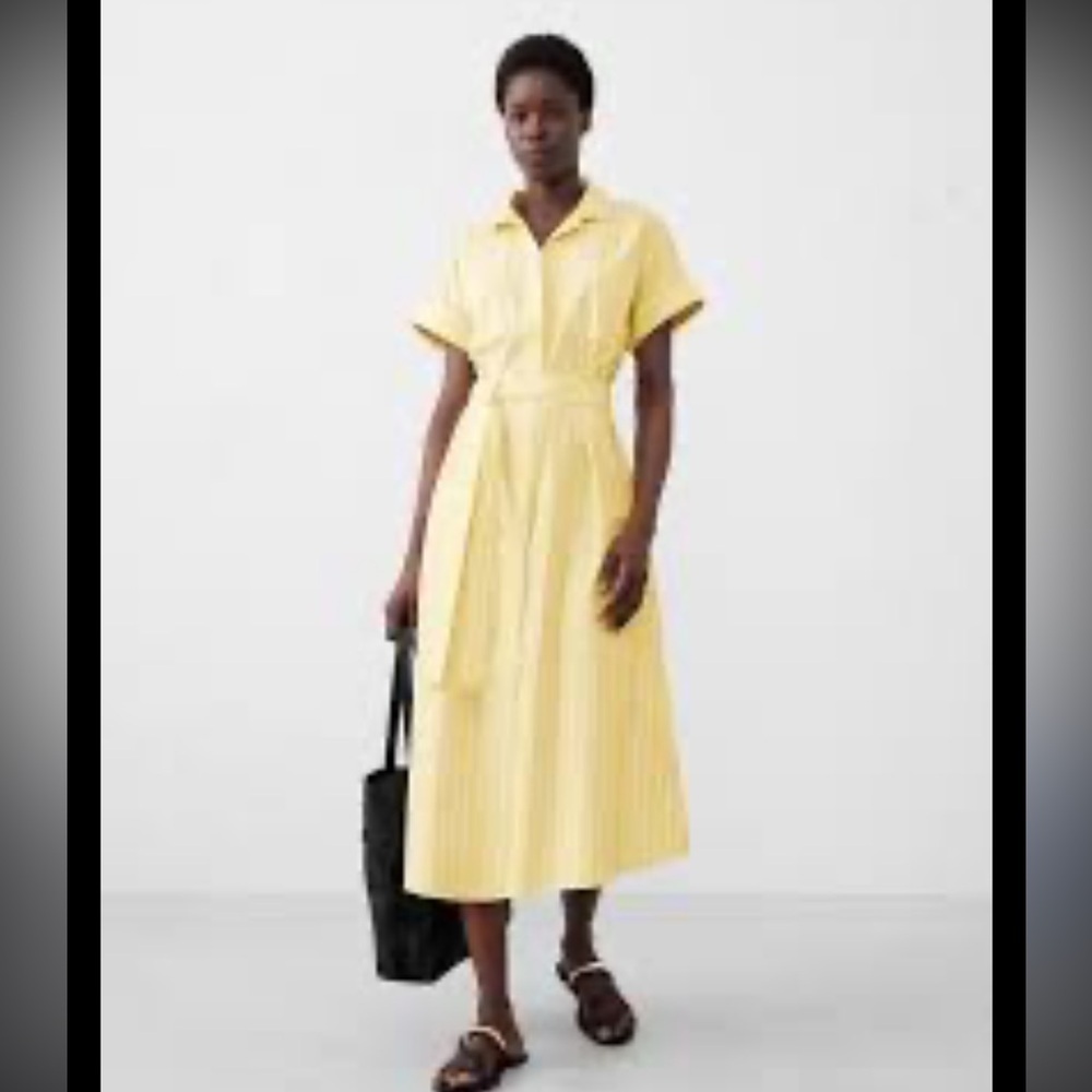 Banana Republic Cotton Butter Yellow White Striped Button Down V Neck Dress L